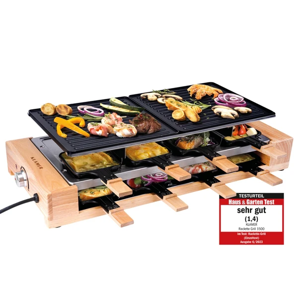 KLAMER Raclette Izgara 8 kişilik 1500 W, ahşap çerçeve ve park güvertesi, yapışmaz döküm alüminyum ızgara plakası, kademesiz ayarlanabilir, ILAG kaplama, "Çok iyi (1.4)" testi, Alman markası Berlin ürün görseli 1