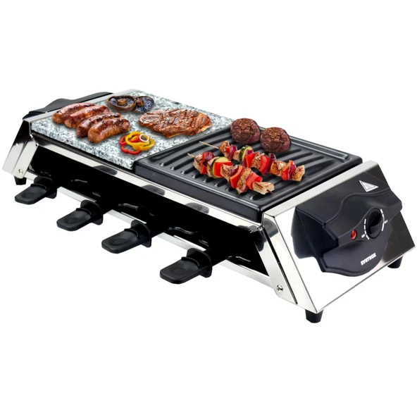 Syntrox Paslanmaz Çelik Raclette Emaye Gent 8 kişilik. Çok yönlü eğlence seti, sıcak taştan biftekler, yapışmaz kaplama, az yağlı ızgara, kolay temizlenebilir ürün görseli 1