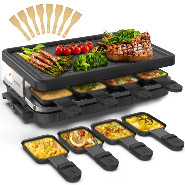 Raclette 8 kişilik Raclette ızgara ve 8 yapışmaz tava Kademesiz ayarlanabilen elektrikli ızgara plakası, 4 veya 6 kişiye uygun Dayanıklı paslanmaz çelik 1300W ürün görseli 1
