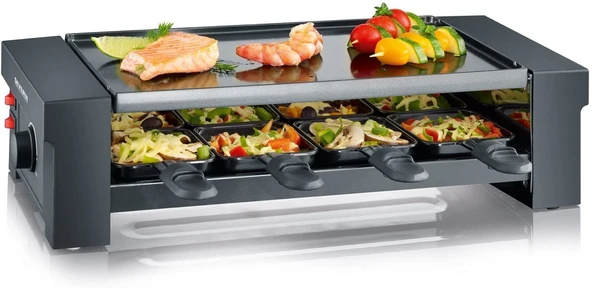 SEVERIN pizza raclette ızgarası, ters çevrilebilir ızgara plakalı, yakl. 1.150 W, 8 tava, pizza hamuru kesici ve 8 tahta spatula dahil, RG 2687 ürün görseli 1