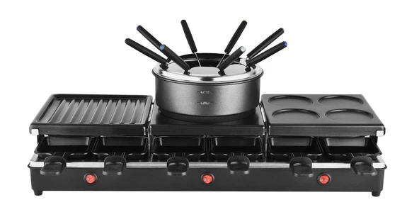 Kalorik TKG RAC 1017 Sıcak taşlı 4'ü 1 arada raclette ızgara, fondü ve mini krep tabağı, 12 kişilik masa ızgarası, 12 raclette tavası ve fondü kabı dahil, 1650 watt, siyah ürün görseli 1