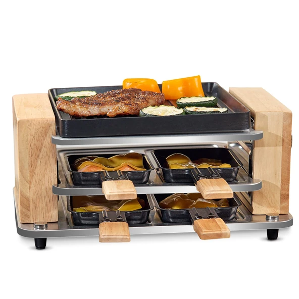 COKLAI 4 kişilik Raclette ızgara, yapışmaz kaplamalı çizgili ızgara plakalı, mini ızgara raclette cihazı, ayarlanabilir sıcaklık, 4 tava ve ahşap spatula, 4 kişilik doğal ahşap raclette, 550W ürün görseli 1