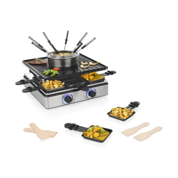 Princess Raclette ve Fondü 5'i 1 arada, 8 kişilik, çift termostatlı, 1,3 L fondü kabı, PFAS içermez, çıkarılabilir parçalar, 31x31 cm ızgara plakası, 1800 W, 162670 ürün görseli 1
