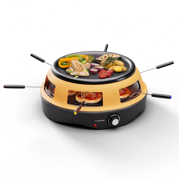 Klarstein 3'ü 1 arada raclette masa ızgarası, taş tabak ve pizza fırını, 6 kişilik ızgara, 6 tavalı cihaz, kapalı raclette fırın, büyük peynir, et ve mini pizza için ürün görseli 1