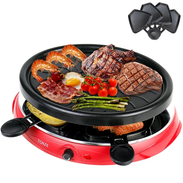 Raclette 4 kişilik - 4 raclette tavalı 4 kişilik Raclette ızgara Raclette ahşap spatula Parti ızgara ızgara plakası Oval yapışmaz yapışmaz pişirme yüzeyi - 900 W ürün görseli 1