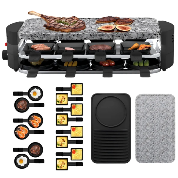 8 kişilik UISEBRT Raclette ızgara, ters çevrilebilir ızgara tavasına sahip 2'si 1 arada raclette cihazı, kademesiz olarak ayarlanabilir sıcaklık, yapışmaz kaplama, 1600 W ürün görseli 1
