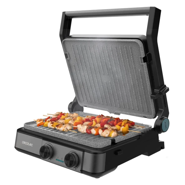 Cecotec çift elektrikli ızgara ve ızgara Rock'nGrill 2200. 2200W, 180° açılabilir, çift sıcaklık, RockStone, yapışmaz kaplama, ters çevrilebilir plakalar, yağ tutucu, ışıklı ekran, 29x23 cm ürün görseli 1