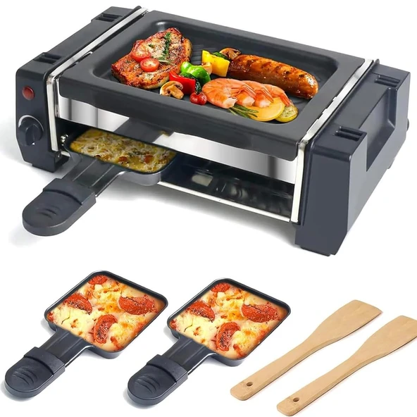 Raclette Izgara, Kapalı Elektrikli Izgara, Yapışmaz Kaplamalı Elektrikli Izgara Makinesi, 2 Raclette Peynir Tavası ve 2 Ahşap Spatula, Barbekü Izgarası için Ayarlanabilir Sıcaklık Kontrolü ürün görseli 1