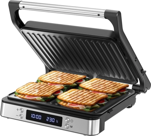 Olvy Tost makinesi XXL, yapışmaz plakalı dijital temaslı ızgara, 3'ü 1 arada panini makinesi, 180° açık ızgara, ayarlanabilir sıcaklık, zamanlayıcı, geniş pişirme yüzeyi, soğuk dokunuşlu tutma kolu ürün görseli 1