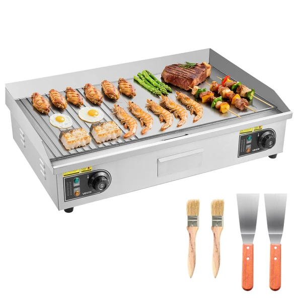 VEVOR Ticari Elektrikli Izgara Plakası 4400 W, Masa Izgara Plakası 725x400 mm Izgara Yüzeyi, 50-300 °C, Elektrikli Izgara, Yarım Yivli, Yarım Düz, 2 Spatula ve 2 Fırçalı, Biftek Barbekü için, Fişsiz ürün görseli 1