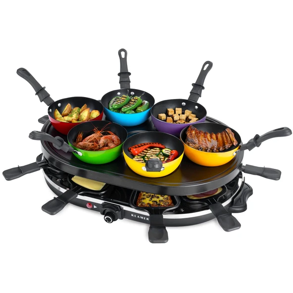 KLAMER Raclette Wok 1200 W - 6 wok tava ve 8 raclette tavalı Raclette Izgara, yapışmaz kaplama, kademesiz sıcaklık kontrol cihazı, ahşap spatula ve dijital tarif kitabı dahil ürün görseli 1