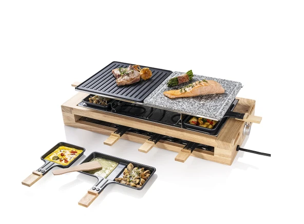 Bestron XL Raclette Izgara, 8 kişiye kadar elektrikli parti raclette ızgarası, doğal ızgara taşı ve yapışmaz kaplamalı ızgara plakası, büyük tava seti dahil, 1.500 watt, ahşap tasarım ürün görseli 1