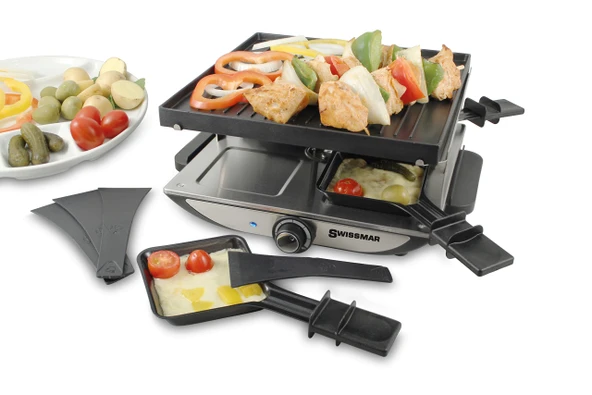 Swissmar Cenevre Raclette 4 kişilik, tava ve kaydırıcılı raclette ızgara, yapışmaz kaplamalı ızgara plakalı mini raclette ızgara ve 4 raclette tava, 800W ürün görseli 1