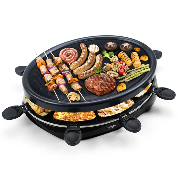 Raclette 8 Kişilik - 8 Raclette Tava ve 2 Ahşap Spatulalı Raclette Izgara Yapışmaz Kaplama Termostat Barbekü Izgara Aile için Elektrikli Izgara Tavaları - 1300W ürün görseli 1