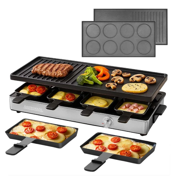 8 kişilik Raclette Izgara ve Gözleme İstasyonu - ters çevrilebilir plakalı 2'si 1 arada masa ızgarası, 12 tava (4 XXL), sürekli sıcaklık kontrolü, 1.700 W, paslanmaz çelik gövde, 21 parçalı set ürün görseli 1