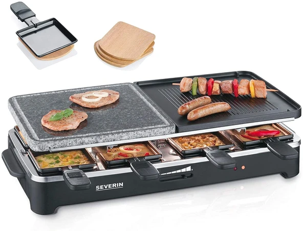 SEVERIN Raclette parti ızgarası, doğal ızgara taşlı ve ters çevrilebilir dökme demir plakalı, yakl. 1.500 W, 8 tava ve 4 raclette tahtası dahil, RG 9474 ürün görseli 1