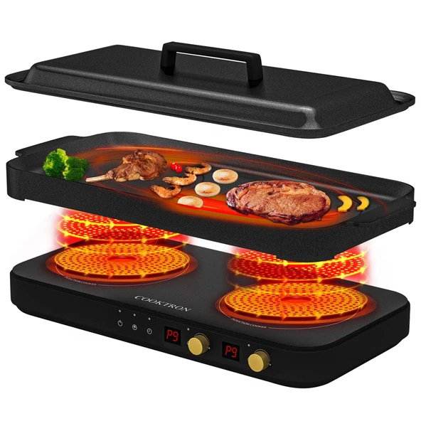 COOKTRON Taşınabilir İndüksiyonlu Ocak 2 Brülör, Çıkarılabilir Dökme Demir Izgara Tavası Yapışmaz, 2800 W Çift İndüksiyonlu Ocak, Çocuk Kilidi Zamanı, Aile Kutlamaları için İdeal ürün görseli 1