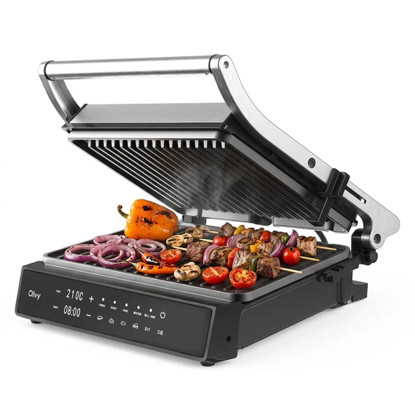 Olvy temaslı ızgara - PFAS içermez - 5 otomatik program - 180° açılma, 2000 W - çıkarılabilir yapışmaz plakalar - termostat ve zamanlayıcı - panini, sandviç, biftek ve sebze ürün görseli 1