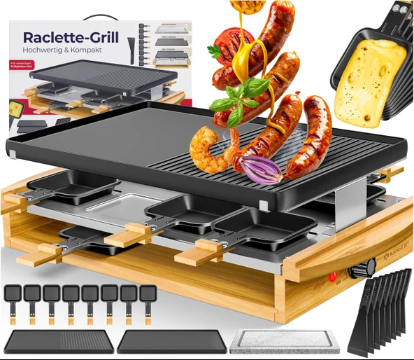 Doğal ızgara taşlı KESSER® raclette ızgara, 8 kişilik ızgara plakası masa ızgarası, elektrikli ızgara raclette ızgara yapışmaz kaplamalı ızgara plakası, 8 tava ve ahşap spatula 1200W ürün görseli 1