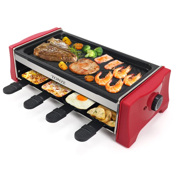 Ev için Raclette Izgara Raclette 8 Kişilik Parti Izgara Ekipmanları Raclette Tavalar Yapışmaz Yüzey, 2 Raclette Ahşap Spatula, 1100W, Sıcaklık Kontrol, Kırmızı ürün görseli 1