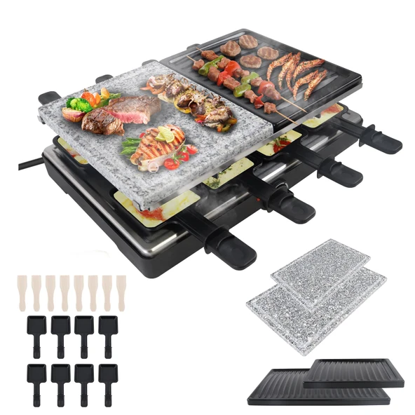 8 kişilik LZQ Raclette ızgara, elektrikli ızgara masa ızgarası, elektrikli ızgara, yapışmaz kaplamalı ızgara plakası, 8 tava ve tahta spatula dahil, 2 granit plaka ve yapışmaz plaka 1400W ürün görseli 1