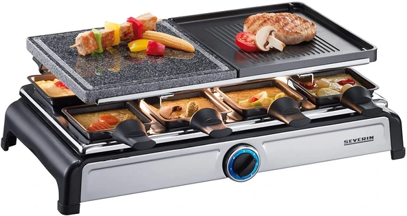 Severin RG 2619 Doğal ızgara taşlı Raclette parti ızgarası, krom-siyah / 8 tava / 1300 W / dahil. krep döküm tabağı ürün görseli 1