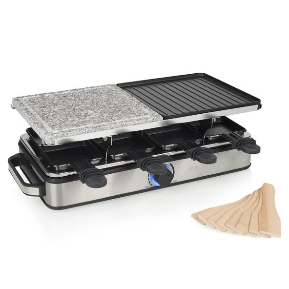 Princess Raclette Grill Deluxe - taş ve alüminyum plakalı, çift taraflı, 8 kişilik, raclette tava, 1400 W, termostat, paslanmaz çelik, fırçalanmış, 162635 ürün görseli 1