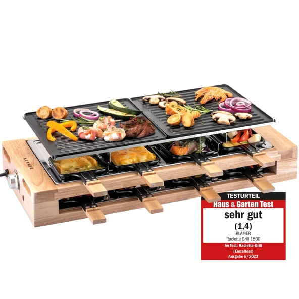 KLAMER Raclette Grill 8 kişilik 1500 W, ahşap çerçeve ve park güvertesi, yapışmaz döküm alüminyum ızgara plakası, kademesiz ayarlanabilir, ILAG kaplama, "Çok iyi (1.4)" testi, Alman markası Berlin ürün görseli 1