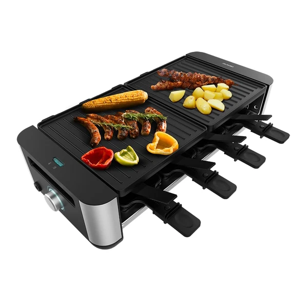 Cecotec Raclette Cheese&Grill 16000 Inox Black, 8 kişilik, 1400 W ızgara, 40 x 22 cm, ayarlanabilir termostat, yapışmaz ızgara plakası, 8 tava ve 8 spatula dahil. ürün görseli 1