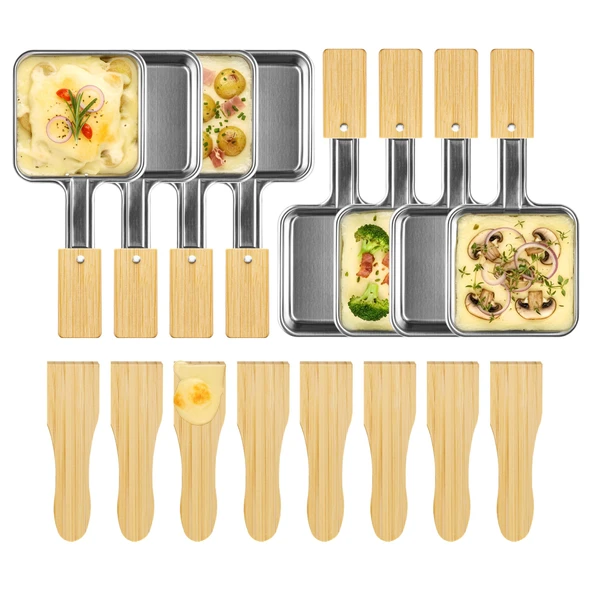 Kosmosta Ekstra uzun saplı ve bambu saplı 8 kare paslanmaz çelik raclette tava seti, 8 bambu spatula, kaplamasız, büyük raclette ızgara tavaları, yedek aksesuarlar ürün görseli 1