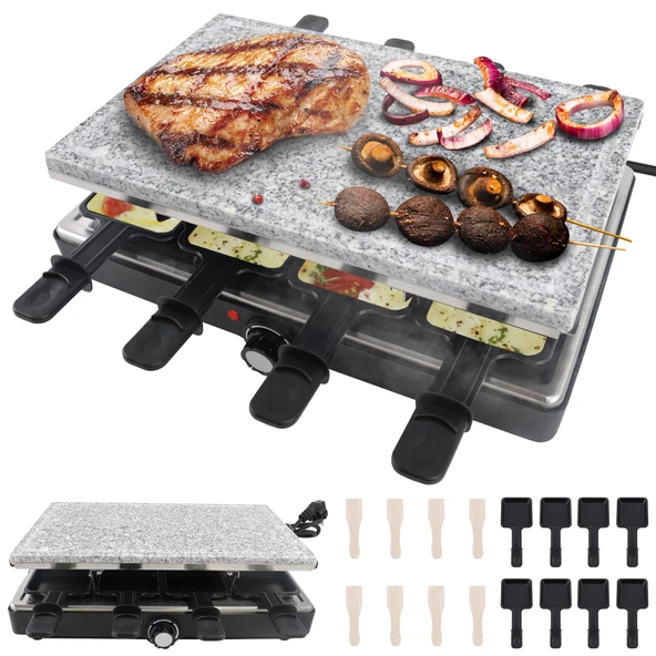 8 kişilik PEILU 1400W raclette ızgara, yapışmaz kaplamalı çift katlı masa ızgarası, taş tabak, küçük tepsiler, tahta spatula ve kablo, parti kampları için paslanmaz çelik elektrikli ızgara ürün görseli 1