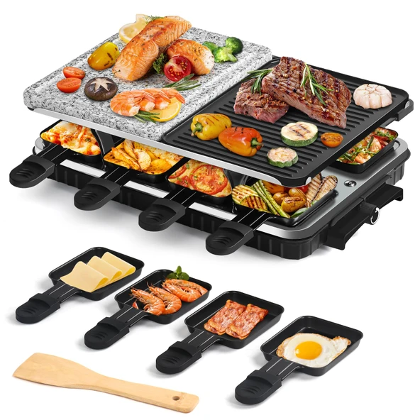 Alüminyum ve doğal taş plakadan yapılmış ters çevrilebilir elektrikli ızgara plakalı 4, 6, 8 kişilik Raclette ızgara - 8 raclette tava dahil (1300 W) ürün görseli 1