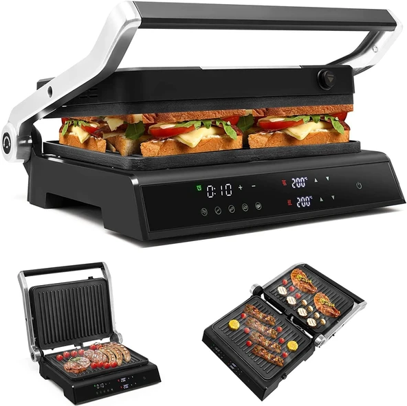 FANTASK 3'ü 1 arada sandviç makinesi, 1800W temaslı ızgara 90°C-230°C, 2 çıkarılabilir yapışmaz plaka, waffle demiri, siyah ürün görseli 1