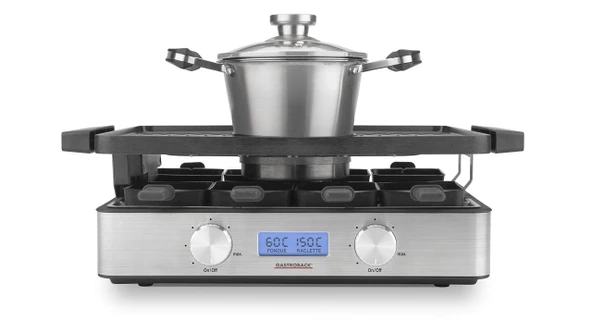 GASTROBACK #42561 Tasarım Raclette Fondue Advanced, ayrı ayrı veya birlikte kullanılabilir, aydınlatmalı LCD ekran, paslanmaz çelik gövde, 9 kişiye kadar, 2.150 watt ürün görseli 1