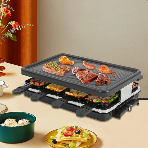 Raclette ızgara elektrikli masa ızgarası, 8 mini raclette tava, 1300W 2 seviyeli masa ızgarası ızgara plakası, tavalar ve tahta spatula ürün görseli 1