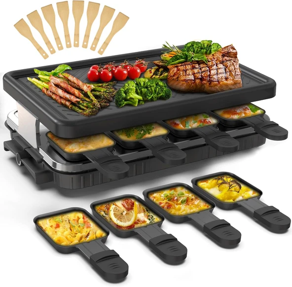 HengBO 8 yapışmaz tavalı 8 kişilik Raclette ızgara, kademesiz olarak ayarlanabilen ızgara plakası, elektrikli, 1300 W, paslanmaz çelik, siyah ürün görseli 1