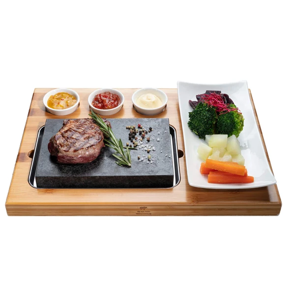 BEEFSTONE Sıcak Taş Lava Taş Biftek Tahtası Sıcak Taş Taş Izgara Seti, bambu tahtadan yapılmıştır Lavataşı, porselen tabak ve paslanmaz çelik taban plakası, sıcak taş üzerinde et, balık ızgarası ürün görseli 1