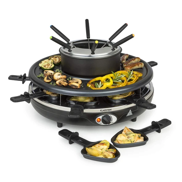 Klarstein Fondüelette Raclette ve Fondü, 1350 W, fondü kabı: 1 L, ızgara plakası: 38cm Ø, 8 kişilik, yapışmaz kaplamalı 8 raclette tavası, ısıya dayanıklı kulplar, 8 paslanmaz çelik fondü çatalı, ürün görseli 1