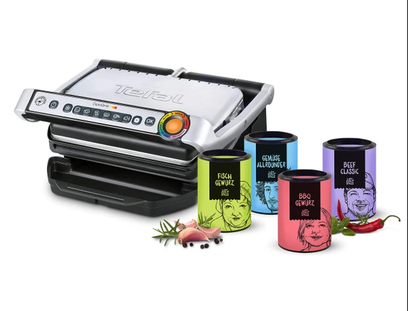 Tefal OptiGrill, baharat seti dahil GC702D.JS temaslı ızgara (ideal ızgara sonuçları için, 2000 watt, pişirme durumunun otomatik gösterimi, 6 ön ayarlı ızgara programı) siyah/paslanmaz çelik ürün görseli 1