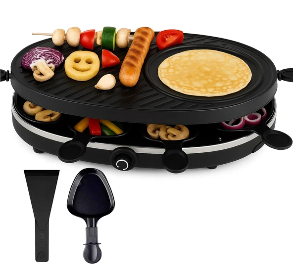 8 kişilik Raclette seti - ızgara plakası ve taş tabak fonksiyonlu - tava ve kazıyıcı dahil masa ızgarası (yuvarlak). ürün görseli 1