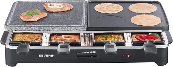SEVERIN RG 2341 Raclette parti ızgarası (yaklaşık 1.500 W, doğal ızgara taşlı ve ters çevrilebilir dökme demir plakalı, 8 tava dahil) ürün görseli 1
