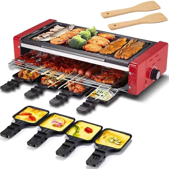 Elektrikli Raclette Izgara, Kapalı Yapışmaz Izgara Makinesi, Ayarlanabilir Sıcaklık Izgara Plakası, 8 Raclette Peynir Tavası ve 2 Ahşap Spatula, Yemek Pişirme Partileri için Dumansız Izgara ürün görseli 1