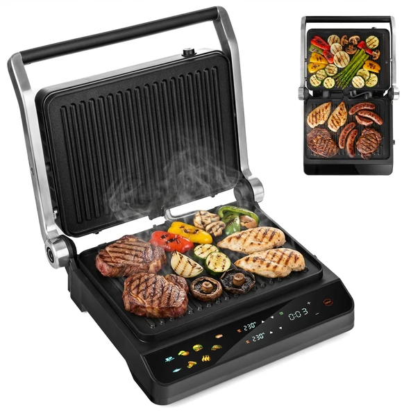 LEHMANN temaslı ızgara, 2000 W, masa ızgarası 180° açılabilir, çıkarılabilir yapışmaz plakalar, ekran: 10 program, sıcaklık kontrolü 90-230°C, zamanlayıcı 1-240 dakika ürün görseli 1