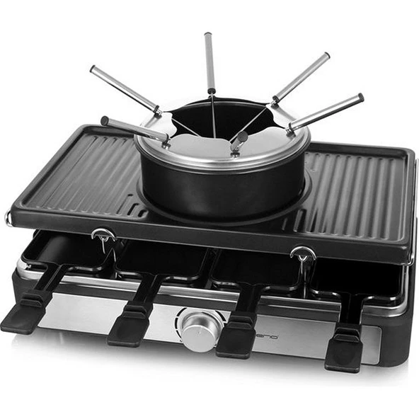 8 tava, 8 spatula, 6 fondü çatalı dahil olmak üzere çeşitli ızgara eğlenceleri için bu 3'ü 1 arada raclette ızgara ve peynir fondü kombinasyonuyla 8 kişiye kadar Emerio parti eğlencesi -> BPA içermez ürün görseli 1