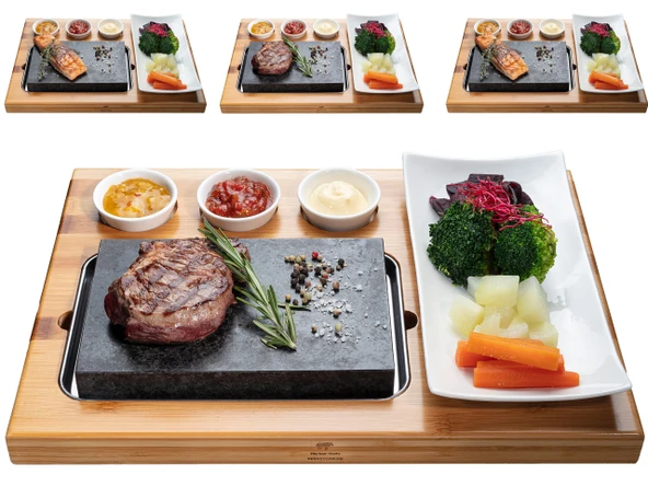 BEEFSTONE Sıcak Taş Lava Taş Biftek Tahtası Sıcak Taş Taş Izgara Seti Bambu Tahtadan Yapılmış Lavataşı ve Porselen Tabak Sıcak Taş Üzerinde Et, Balık Izgara (4 x Uno) ürün görseli 1