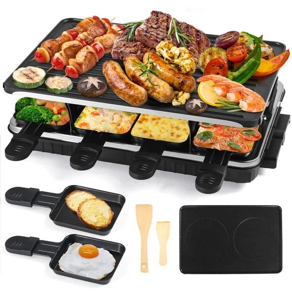 8 kişilik Raclette - yapışmaz kaplamalı raclette ızgara elektrikli, 8 mini raclette tavalı 8 ahşap spatula elektrikli ızgara hediyesi Rrepe raklette cihazı 4 6 8 10 kişilik ızgara ürün görseli 1