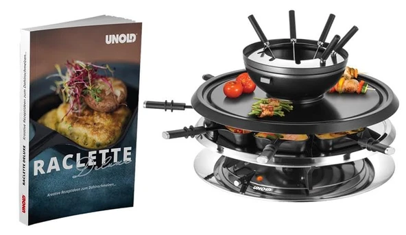 Unold 487269 Raclette Multi 4'ü 1 arada dahil. 50 tarif içeren Raclette tarif kitabı | 8 Kişilik Raclette Izgara, Çift Yönlü Yapışmaz Izgara Plakası, Paslanmaz Çelik/Siyah, 1300W [Enerji Sınıfı A+] ürün görseli 1