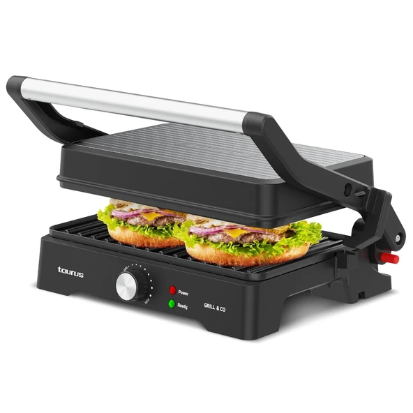 Taurus - Elektrik kontaklı ızgara Grill&Co GR1500X | 1500W | Yapışmaz plakalar 27,5 x 17,3 cm | 180° dönebilen kapak | Ayarlanabilir termostat | Kaymaz taban | Çıkarılabilir yağ damlama tepsisi ürün görseli 1