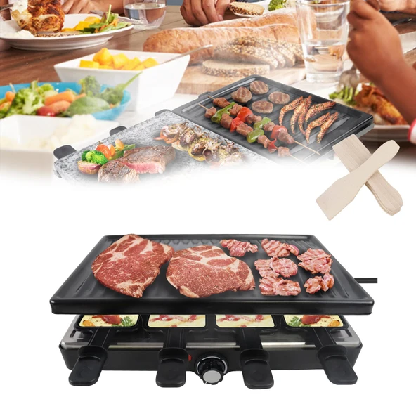 HENGMEI Raclette ızgara, elektrikli masa ızgarası, paslanmaz çelik tavalı elektrikli ızgara, yapışmaz kaplamalı ızgara plakası ve 8 kişilik doğal ızgara taşı, maks. 1400 W, siyah ürün görseli 1