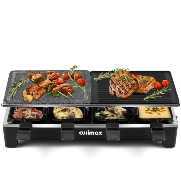 CUSIMAX Raclette Izgara, Çift Yönlü Izgara Tavası ve Doğal Izgara Taşlı, 8 Kişilik Raclette Parti Izgarası, Sürekli Ayarlanabilir Sıcaklık, 8 Mini Tava, Yapışmaz Kaplama, 1500W, Siyah ürün görseli 1